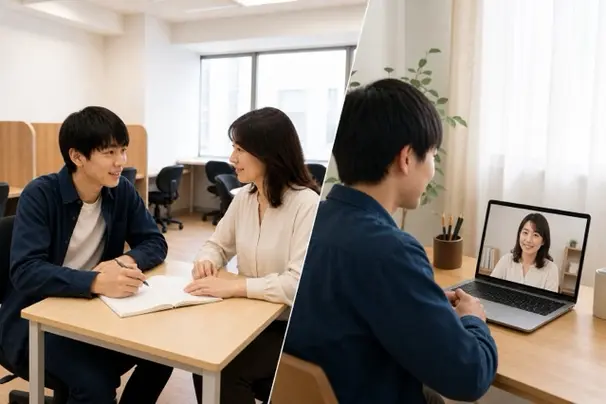 週1回の1対1個別指導と、担任との定期的な面談を軸に、生活リズムや気持ち、学習状況に合わせて支援します。本人の状態や希望に応じ、オンライン面談、顔出しなし、チャットから始めることも個別に相談できます。